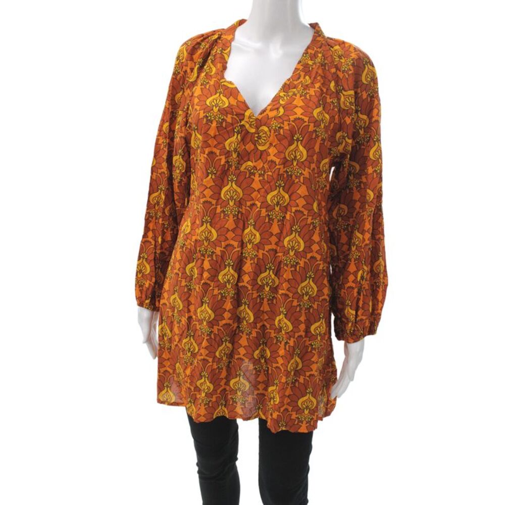 Eywasouls Malibu Women Tunic Blouse V-Neck Floral Orange Long Sleeve Size XS
